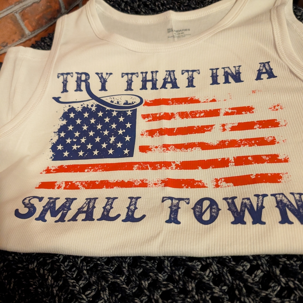 No Boundaries White Tank Top with Red and Blue Flag Design